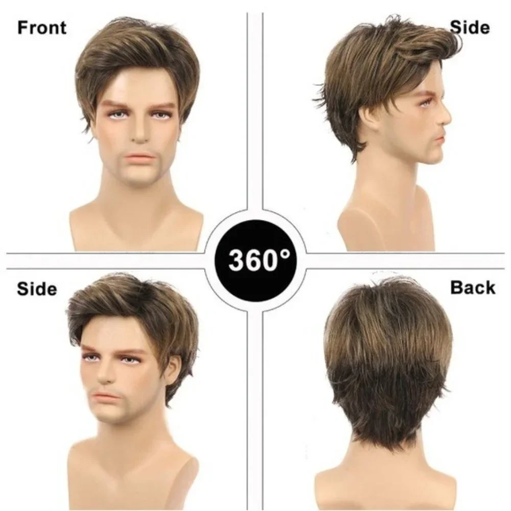 Mens Short Straight Brown mix Natural Wigs